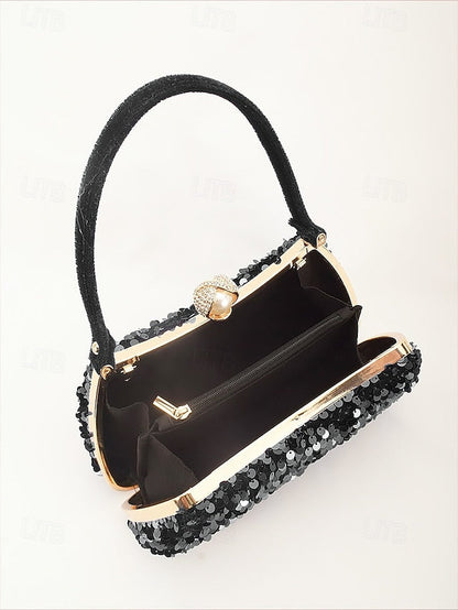 – Women's Evening Pearl Accent Sequin Black Clutch with FashionChic
