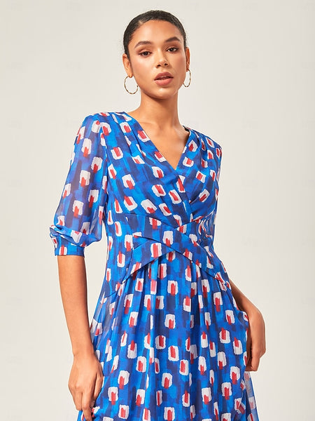 Geometric Color-Block Chiffon Maxi Dress