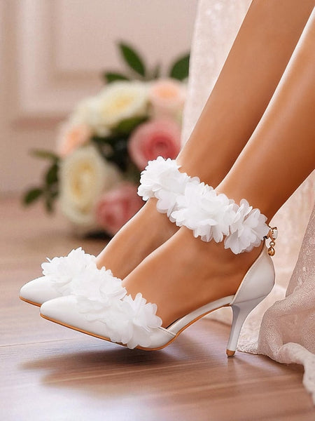 Women's Floral Heels Strap Ankle - Elegant White Pointed FashionChic