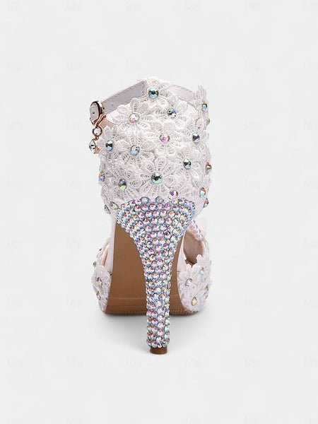 White Floral Bridal - Sandals Lace T-Strap Pearl-Decorated FashionChic