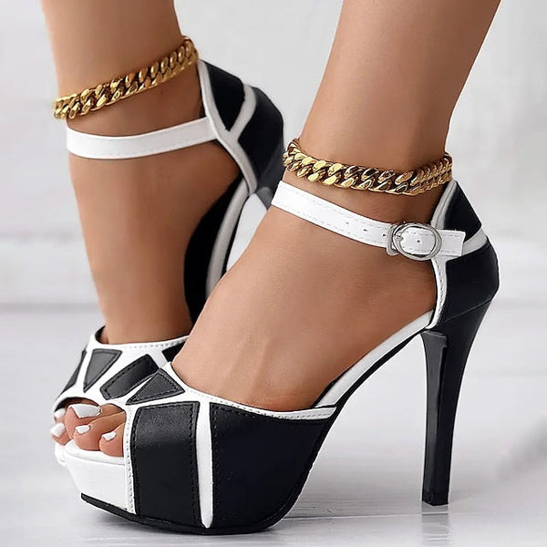 Women's Black Stiletto Platform with Sandals and White FashionChic
