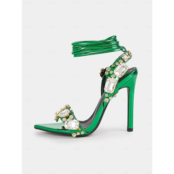 Heels Women's Stiletto with Green Metallic Lace-Up FashionChic