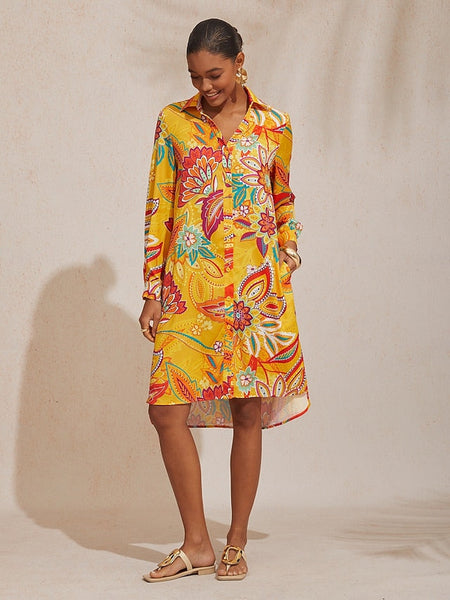 Vacation Yellow Paisley Print Straight Fit Satin Shirt Dress FashionChic