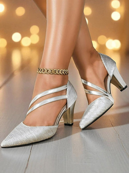 Shiny - Pointed Toe Heels Strappy Women's Silver Mid-Heel FashionChic