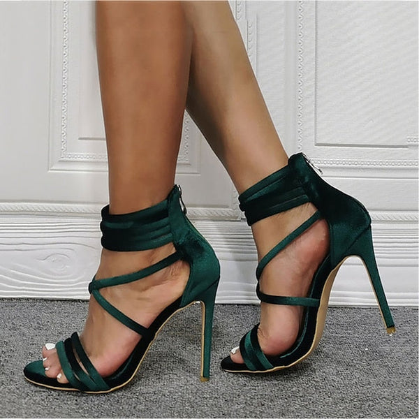 – Women's Stiletto Green Heel Strappy Sandals Satin FashionChic
