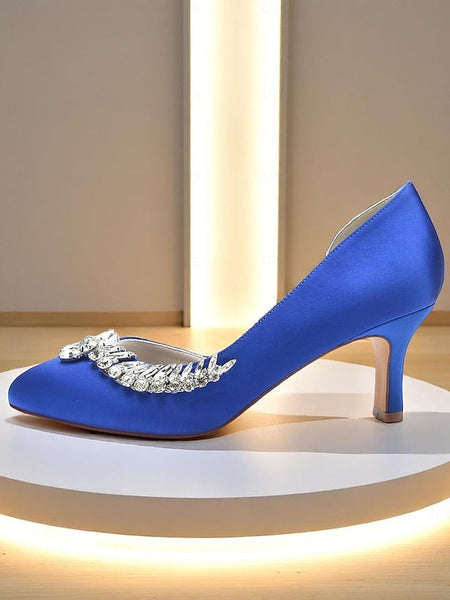 Heel Women's Silver Satin - Kitten Toe Low Heels Round FashionChic