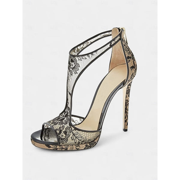Black Heels Lace for Mesh with Peep-Toe Design Stiletto FashionChic