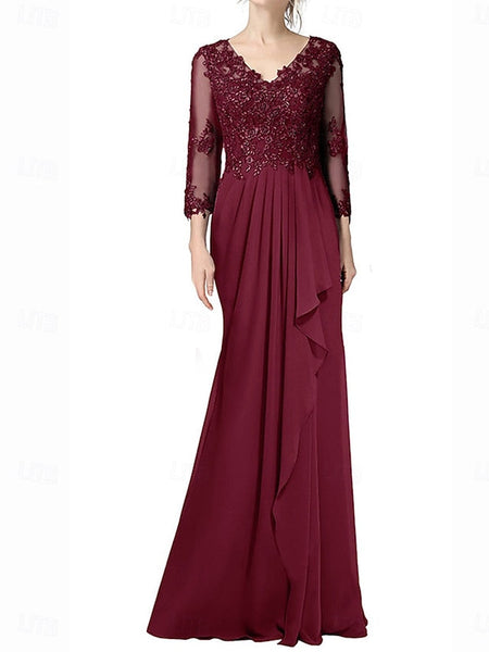 Elegant Length Floor Neck A-Line of V Mother the Bride Dress FashionChic