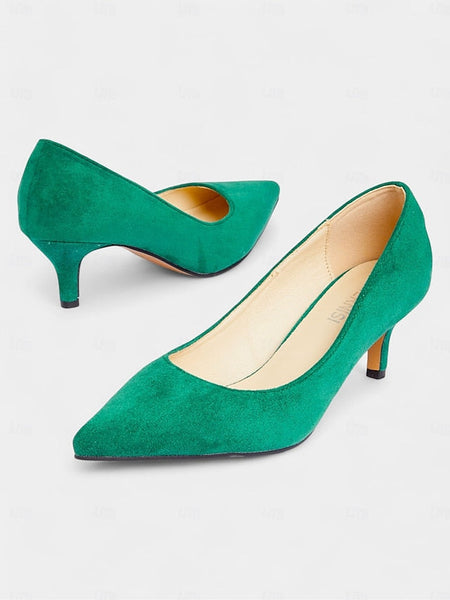 Suede with Women's Pointed-Toe Kitten Emerald Pumps Green FashionChic