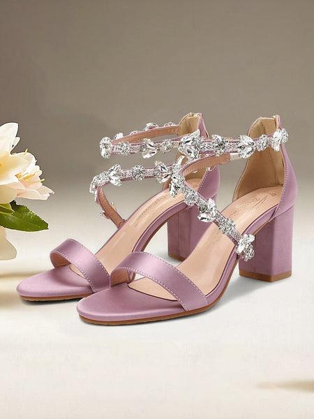 Sandals with Heel Crystal Satin Straps Pink Women's Block FashionChic