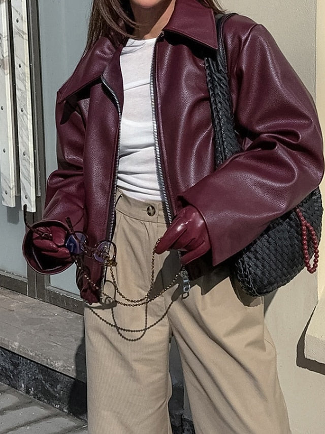 Pocket Leather Comfortable Warm Women's Jacket Faux Zipper FashionChic