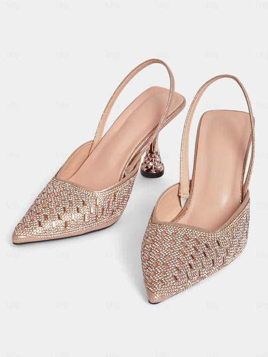 Geometric with Gold Women's Slingback Rhinestone Rose Heels FashionChic