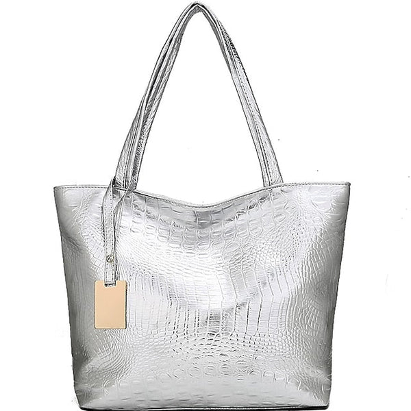 Bag Faux Large Tote Embossed Women's Croc Silver | Capacity FashionChic