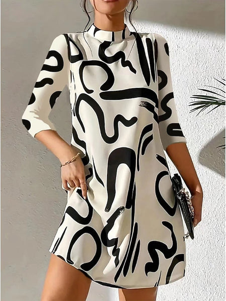 Women's Geometric Stand Collar Mini Dress 3/4 Length Sleeve FashionChic