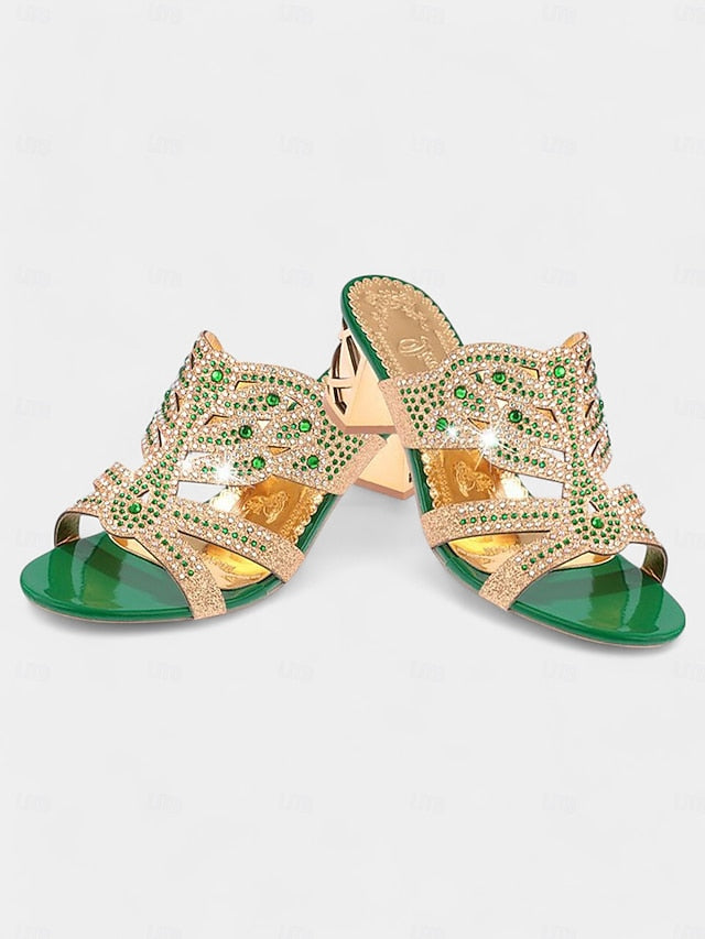 Embellished Green - Gold Rhinestone Sandals and Heeled FashionChic
