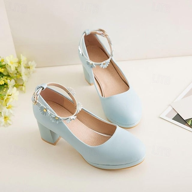 Girls' Daisy with Dress Flower Shoes Ankle Heel White Block FashionChic