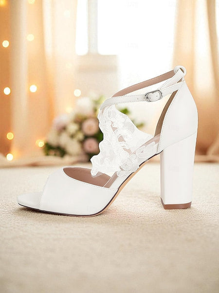 - Lace Sandals Heel with Women's Block Ankle Strap White FashionChic