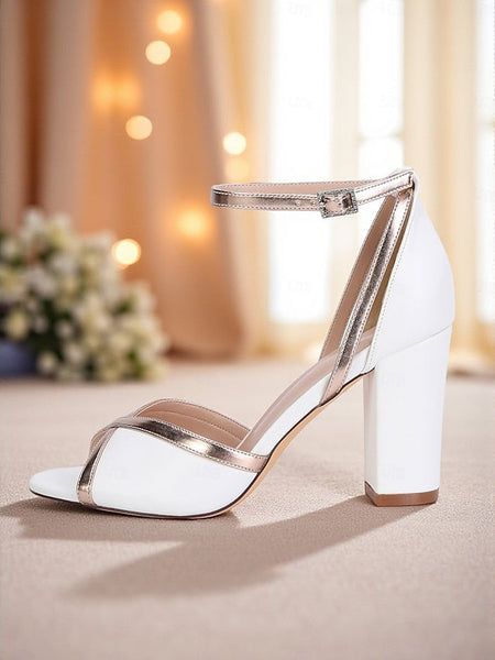 Metallic Sandals with Women's Ankle Heel White Strap Block FashionChic