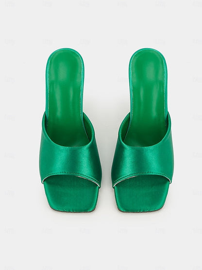 Open-Toe Block Mules with Transparent Satin Green for Heels FashionChic