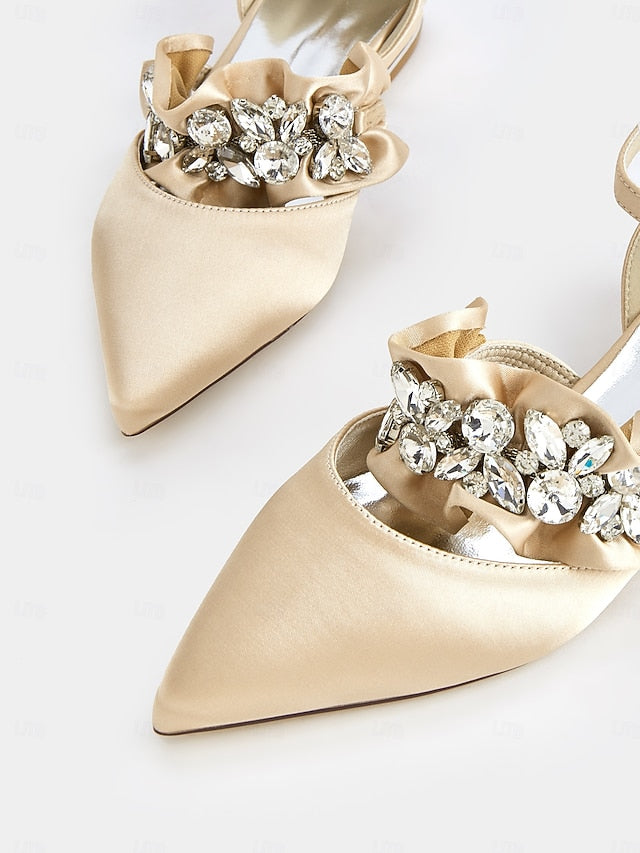 Satin Women's Black with Flats Rhinestone Pointed-Toe FashionChic