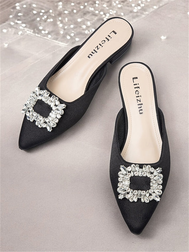 Women's Pointed-Toe Black Mules with Satin Rhinestone FashionChic