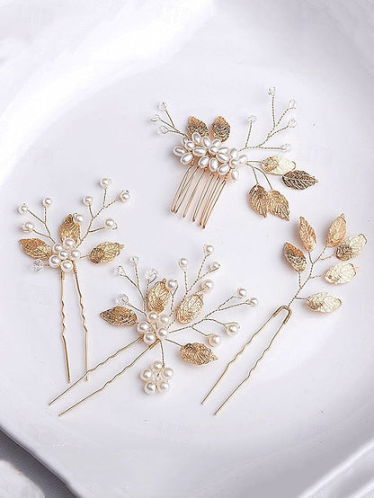 Leaf Faux Pearls Accessory Bridal Hair with Set and Silver Gold FashionChic