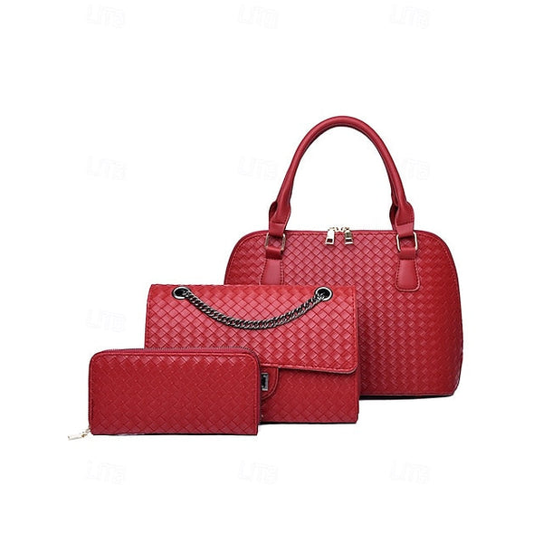 Handbag Set Brown Leather Women's Woven – 3-Piece Faux FashionChic