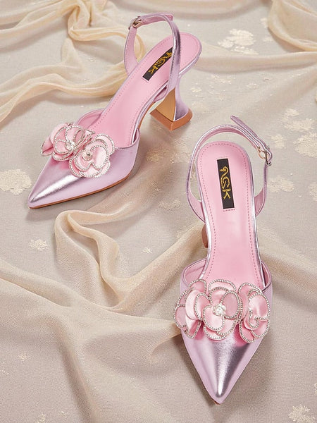 Pink Satin Pointed Floral Toe with Women's Heels FashionChic