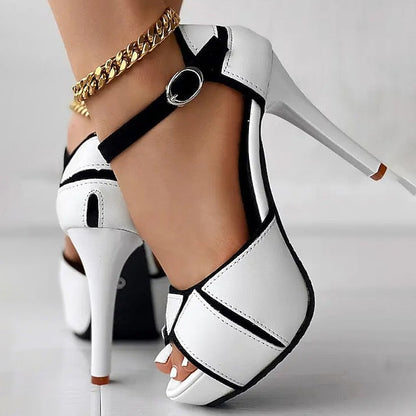 Women's Black Stiletto Platform with Sandals and White FashionChic