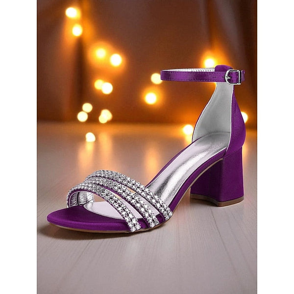 Satin Rhinestone Heel with Block Purple Women's Sandals FashionChic