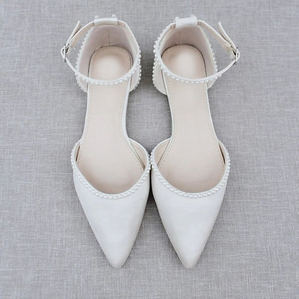 Women's White Pearl-Embellished Shoes with Flat Toe Pointed FashionChic