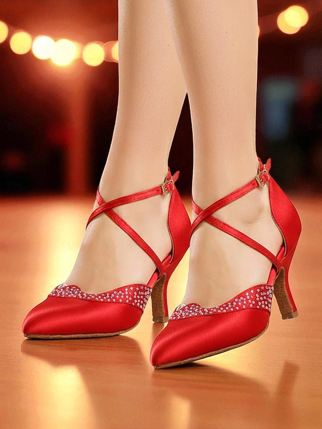 - Cross Shoes Dance Toe Ballroom Closed Red Satin Women's FashionChic