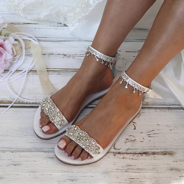 Elegant White – Rhinestone Sandals Women's Bridal Flat FashionChic