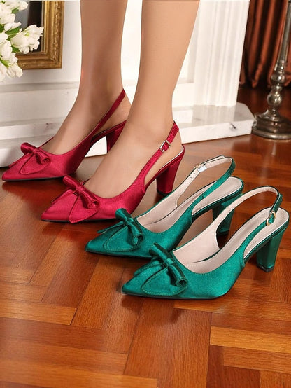 Bow Women's Heels Green with 1950s Satin Slingback Vintage FashionChic