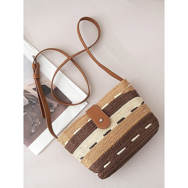 Woven with Women's Colorblock Straw Striped Brown Tote Bag FashionChic