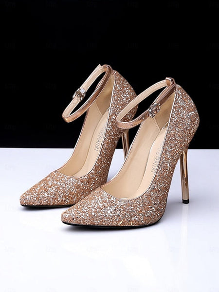 Women's Sparkly – Gold Heels Pointed Toe Stiletto Glitter FashionChic