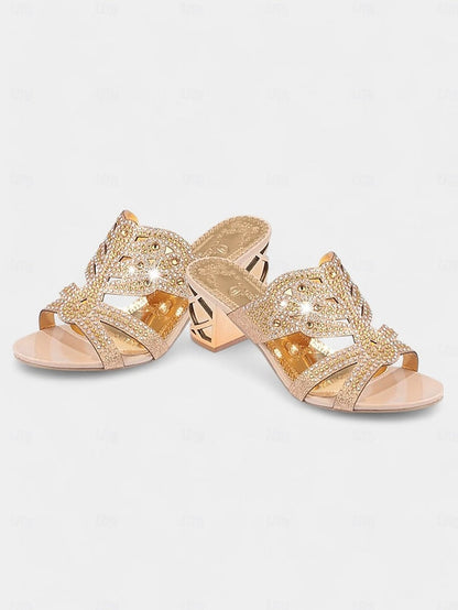Embellished Green - Gold Rhinestone Sandals and Heeled FashionChic