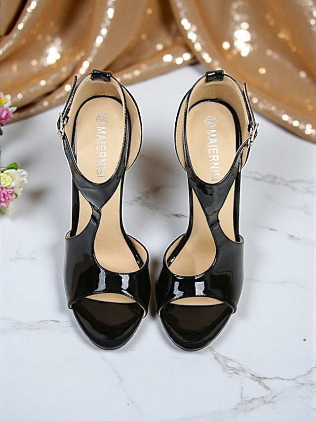 Women's Strappy Red Open Stiletto Heels Leather - Patent FashionChic