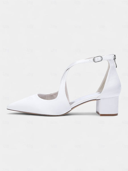 Satin - Block Pointed Toe Women's Heels Elegant Ivory FashionChic