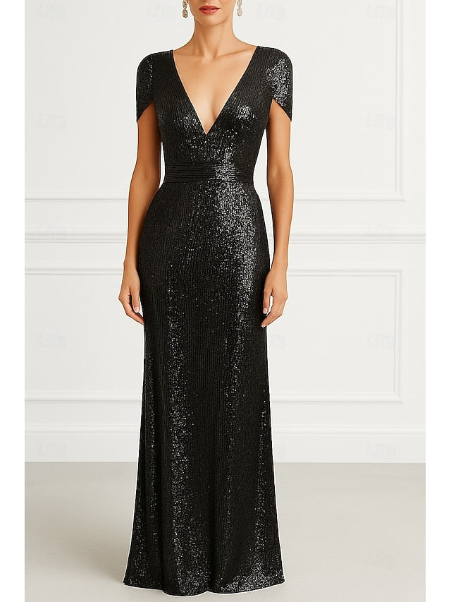 Column Wedding Elegant Gold Evening Gown Dress Black Formal FashionChic