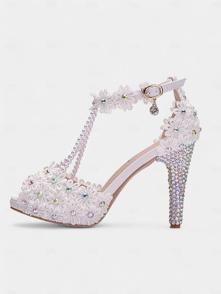 White Floral Bridal - Sandals Lace T-Strap Pearl-Decorated FashionChic