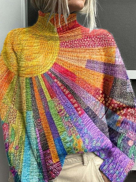 Women's Sweater Casual Soft Floral Ribbed Turtleneck FashionChic