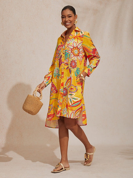 Vacation Yellow Paisley Print Straight Fit Satin Shirt Dress FashionChic