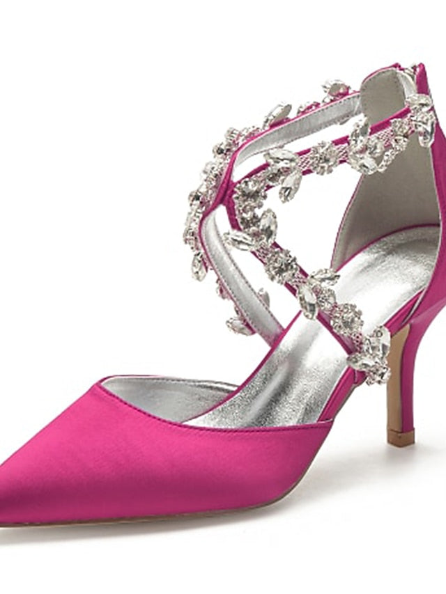 Heels Elegant Women's Satin White Crystal – Strap Pointed FashionChic