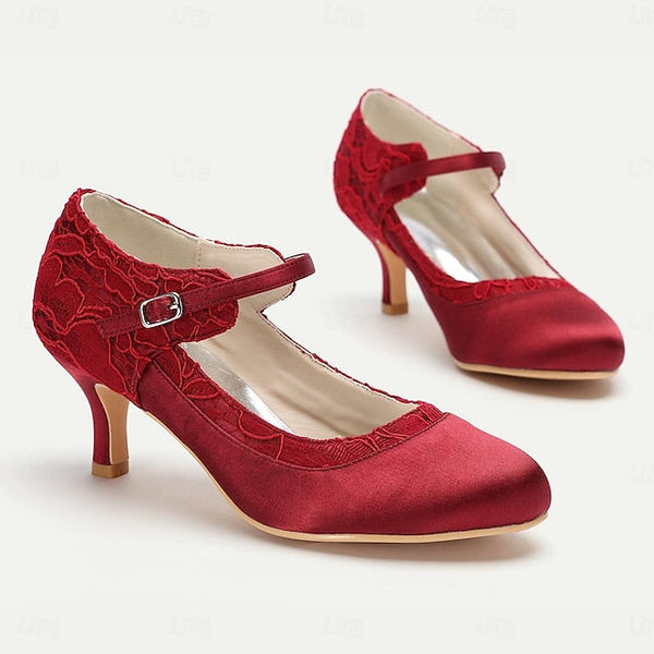Heels Mid-Heel Satin Women's Lace - Elegant Comfortable Red FashionChic