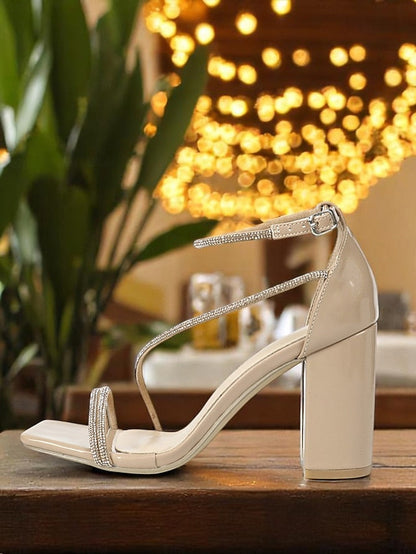 Rhinestone Block Sandals White Straps Heel - with Women's FashionChic