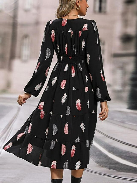 Women's Feather Print V Neck Midi Dress 3/4 Length Sleeve