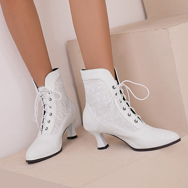 White Ankle Lace-Up Embroidered with Boots Women's Panels FashionChic