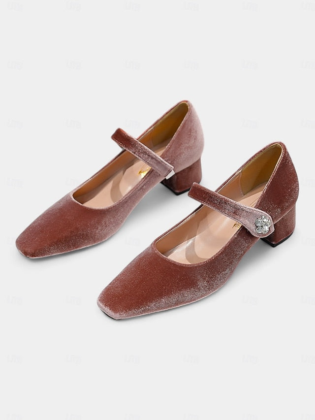 Toe Women's Mary Square Jane Green Block Pumps Velvet - FashionChic