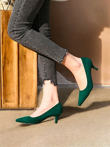 Suede with Women's Pointed-Toe Kitten Emerald Pumps Green FashionChic